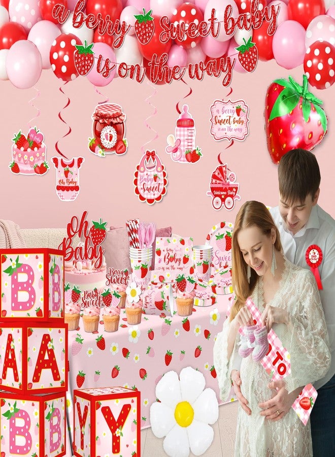 ILUIGGW Strawberry Baby Shower Decorations, Berry Sweet Baby Shower Decorations with A Berry Sweet Baby Is On The Way Backdrop Cake Topper Strawberry Plates Balloon Arch Box for Baby Girl - Image 3